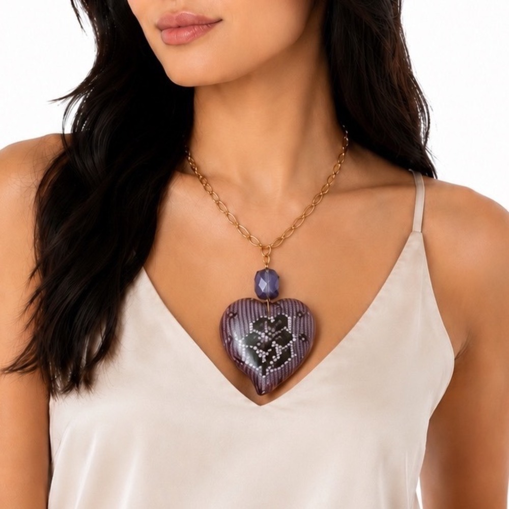 Purple Lace Heart Resin Pendant Necklace Boho Gold Tone Chain Statement‎ 103-149